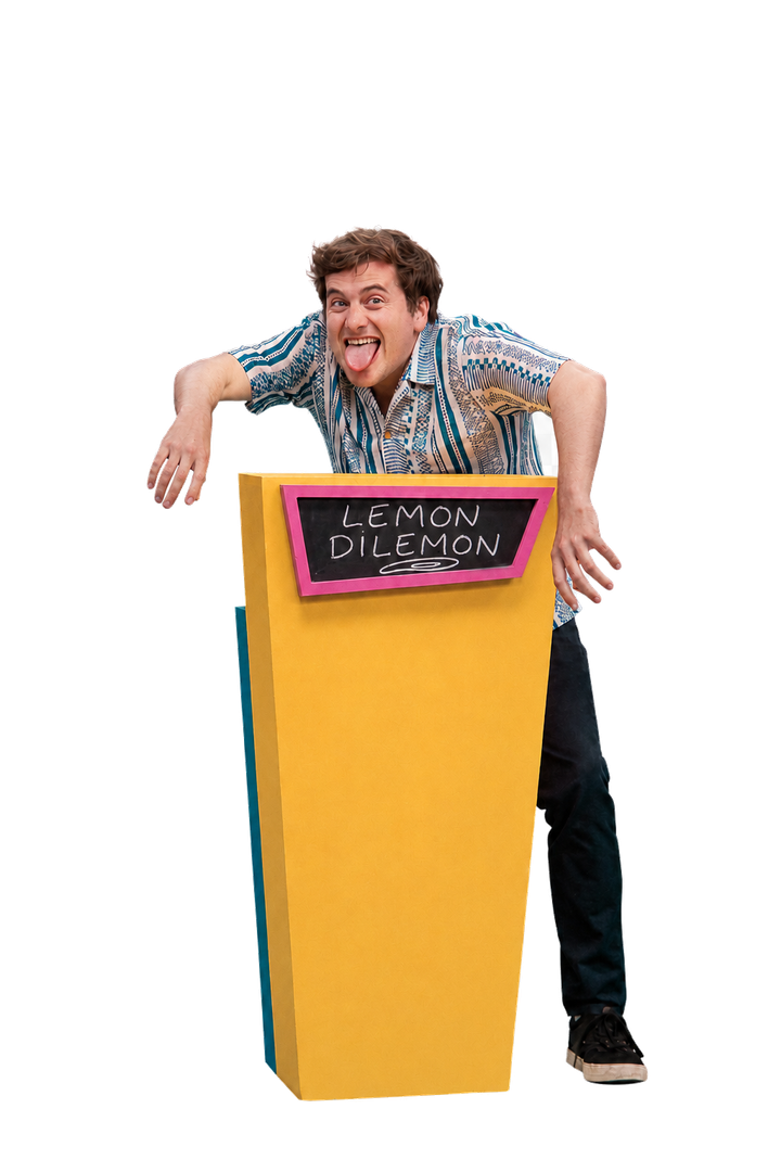 Lemon DiLemon leaning on the Lemon DiLemon podium