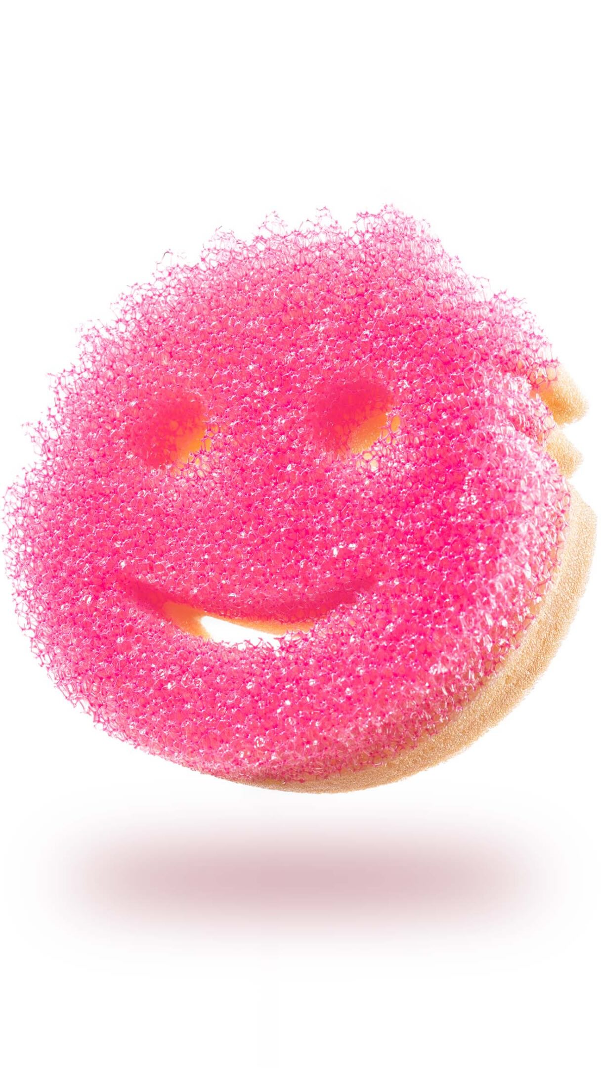 Random Object #1 — a pink Scrub Mommy sponge suspended against a white background
